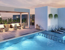 Terraza con piscina y zona de descanso del edificio, departamento en venta en Lince