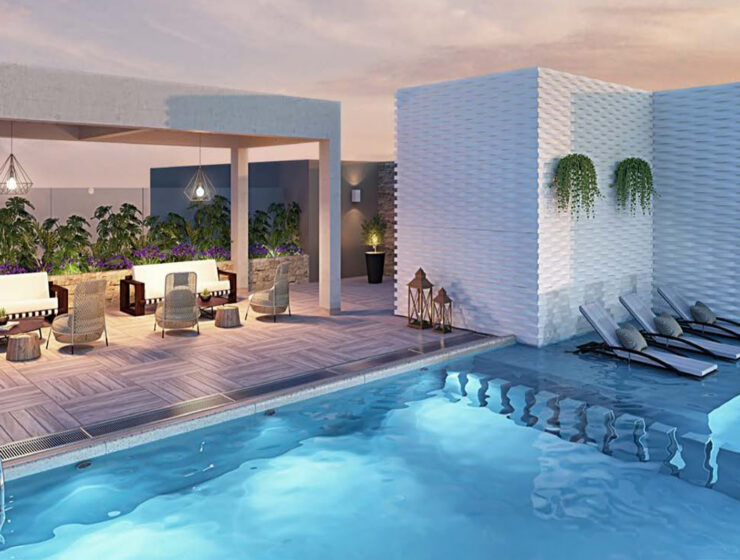 Terraza con piscina y zona de descanso del edificio, departamento en venta en Lince
