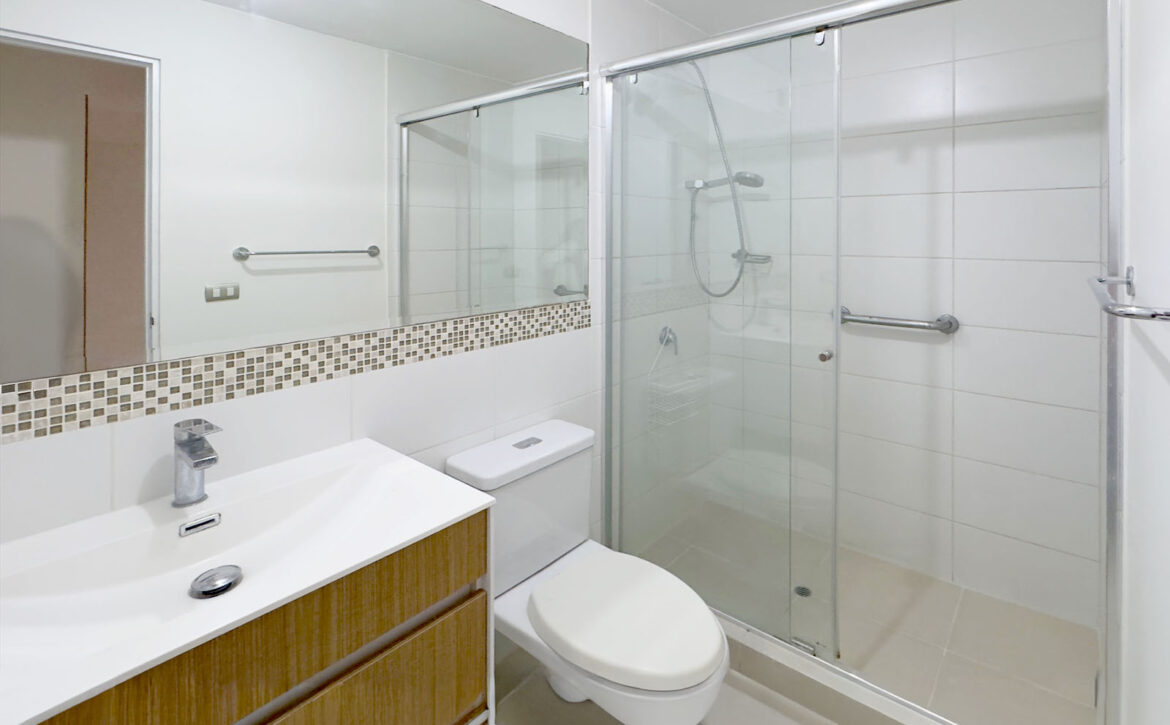 Baño con ducha de mampara de vidrio y barras de apoyo, departamento en venta en Lince