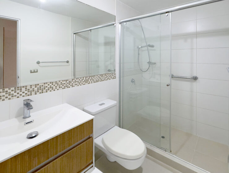 Baño con ducha de mampara de vidrio y barras de apoyo, departamento en venta en Lince