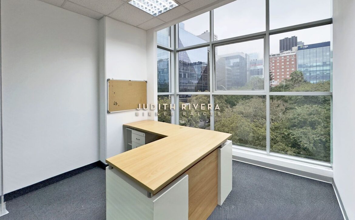 Oficina privada con escritorio en L y vista a la ciudad, oficina en alquiler en San Isidro