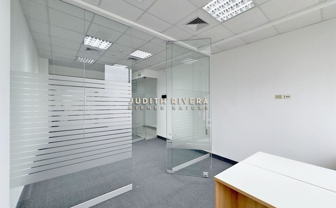 Sala de oficina con vista a edificios vecinos, oficina en alquiler en San Isidro
