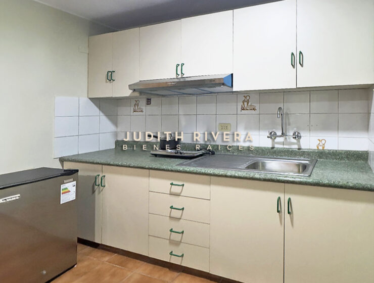 Cocina del departamento en alquiler en Surco, con muebles color crema, encimera verde y lavadero.