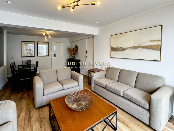 Sala con sofás grises y mesa de centro; al fondo, el comedor y la puerta de ingreso